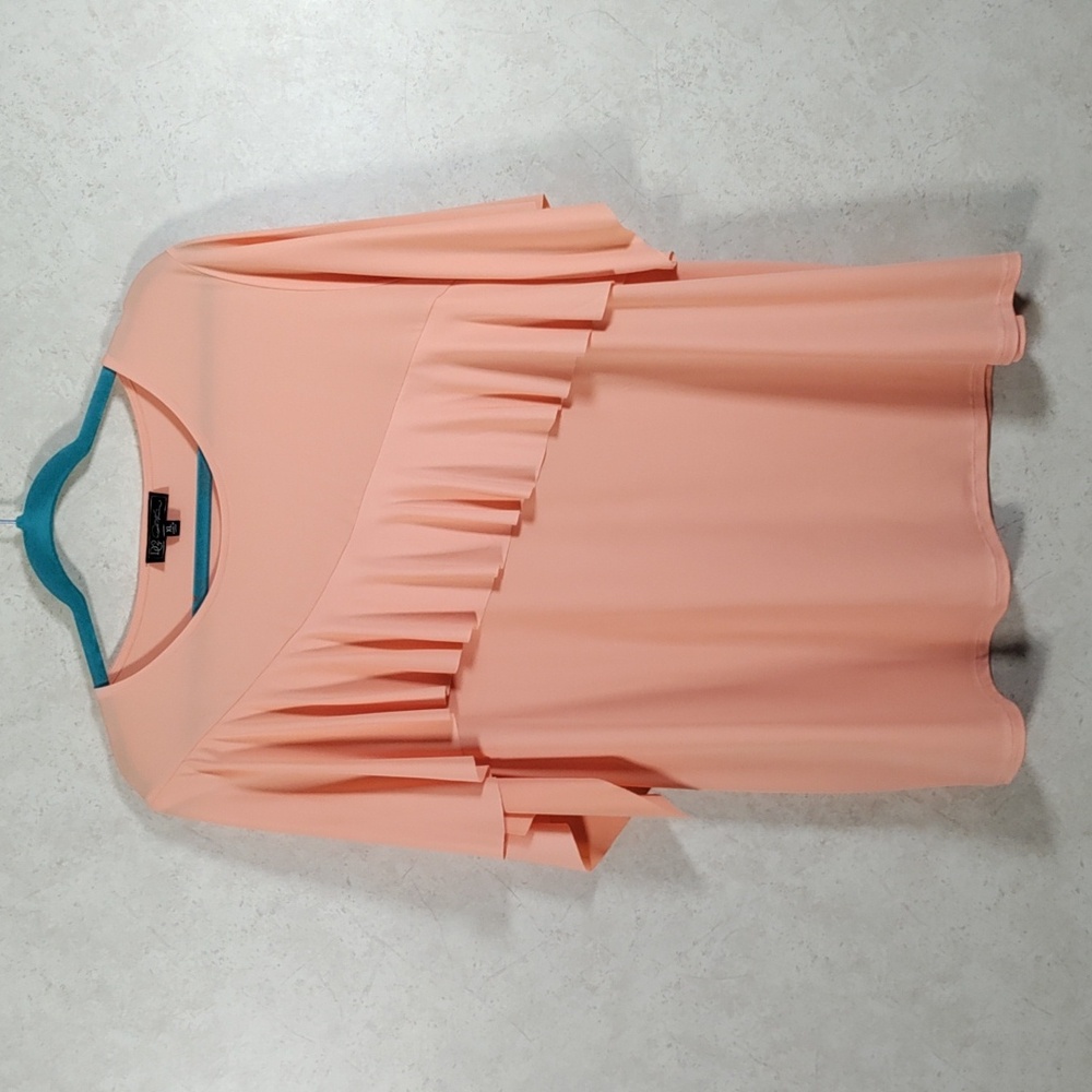 5168 DG2 Diane Gilman peach knit ruffle trim S/S blouse XL